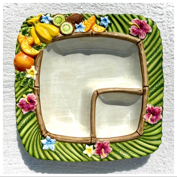 VTG 🏝Tropical Serving  Platter Floral & Fruit Chip Dip Veggie & Dip 🌺🥝🎋🍌🎋. - Picture 12 of 16